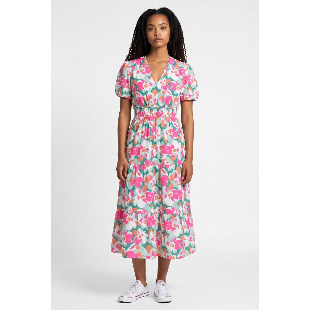 Mascomoda Pink Floral V-Neck Smocked Waist Tiered Midi Dress New Large Boho